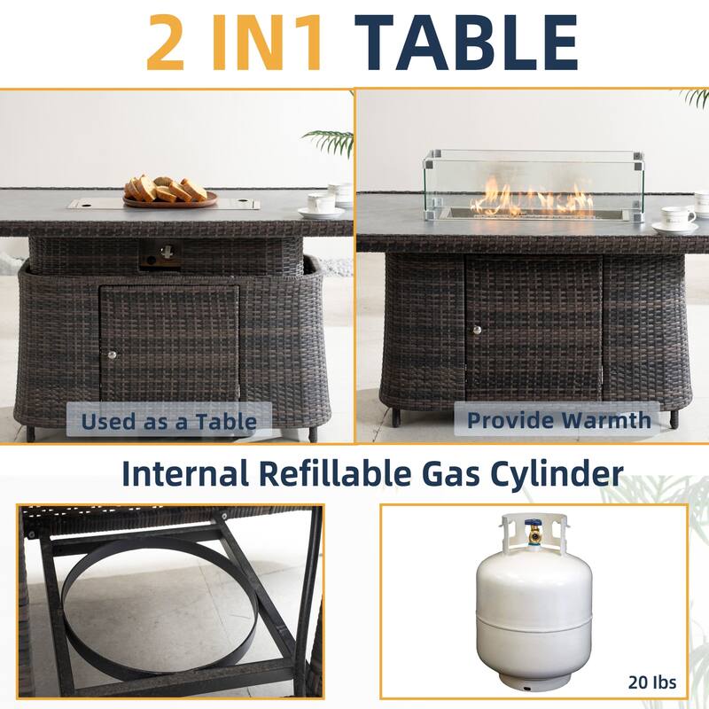 50,000 BTU Adjustable Height Aluminum Propane Fire Pit Table with Faux Stone Glass Top and Wind Guard