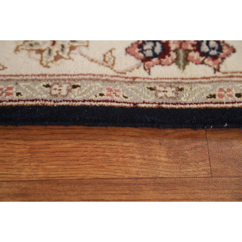 Hand Knotted Oriental Wool & Silk Carpet Traditional Floral Navy Blue & Blues Tabriz Area Rug - 4' 11'' X 3' 1''