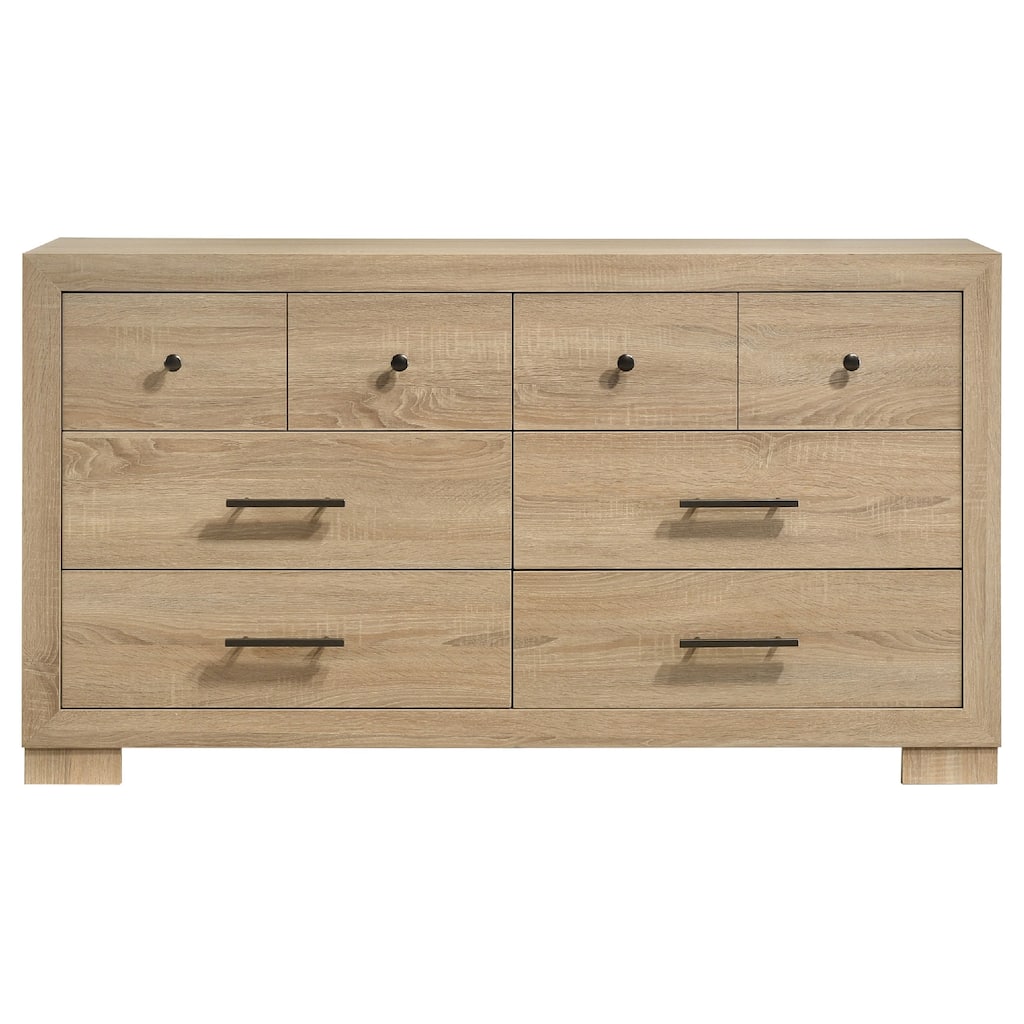 Poxy Wide Dresser with 6 Drawers, Nickel Metal, Oak Brown Wood