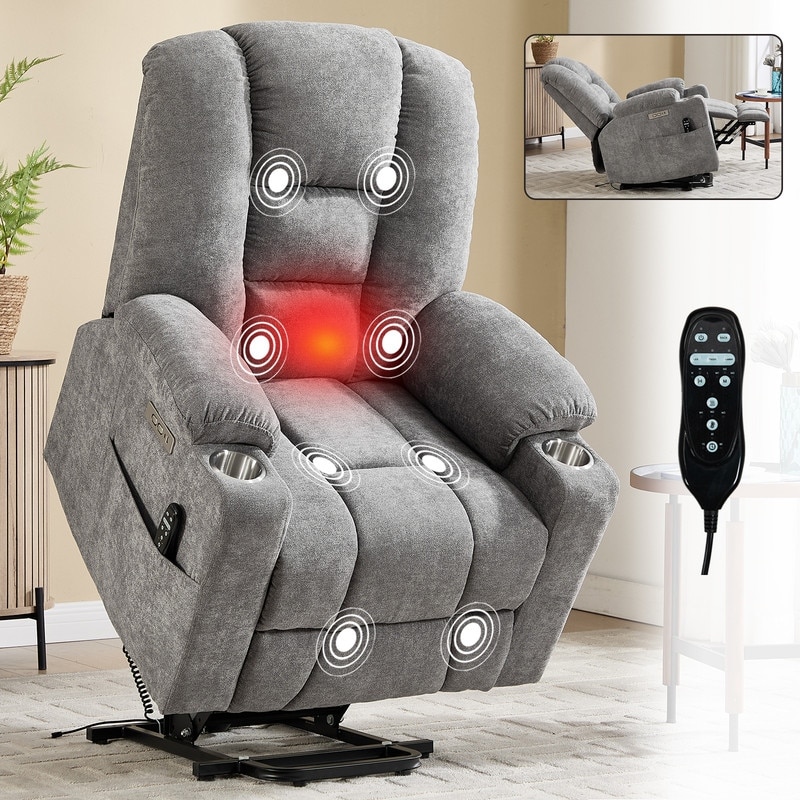 Large Power Lift Recliner with Massage & Heat - Heavy Duty Wide Recliner Chair for Elderly, USB/Type-C Charging, Cup Holders