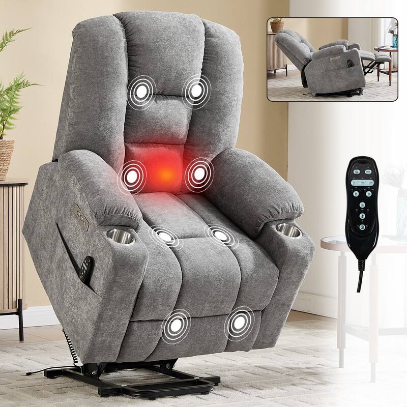 Large Power Lift Recliner with Massage & Heat - Heavy Duty Wide Recliner Chair for Elderly, USB/Type-C Charging, Cup Holders - Light Gray