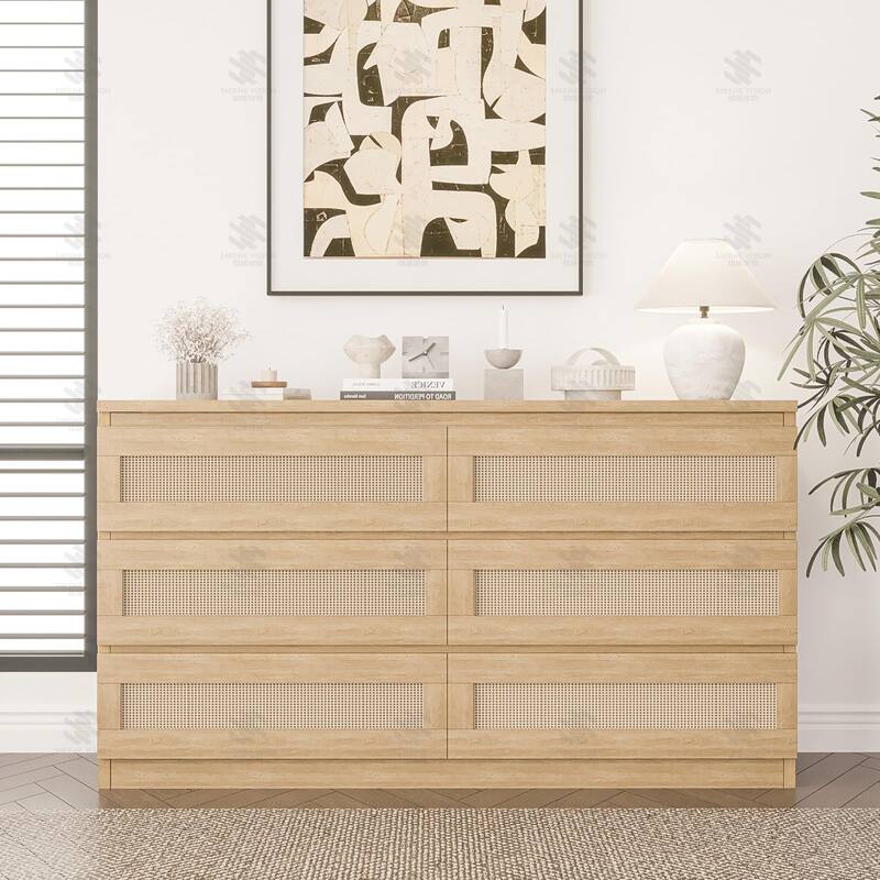 6/8 Drawer Rattan Dresser for Bedroom, Double Wood Chest of Drawers for Closet, Nightstand, TV Stand