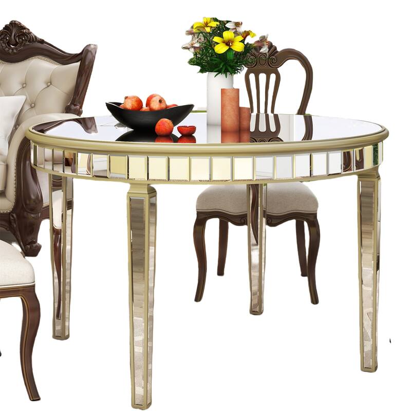 47" Round Mirror Top Table with Gold Geometric Base, Seats 4-6