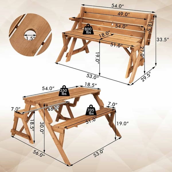 2-in-1 Transforming Interchangeable Wooden Picnic Table Bench - Bed ...