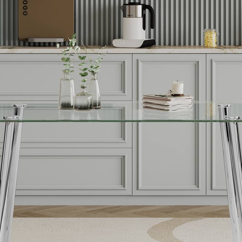 0.32" Thick Tempered Glass Top Dining Table with Silver Stainless Steel Legs Suitable for Dining Room Kitchen