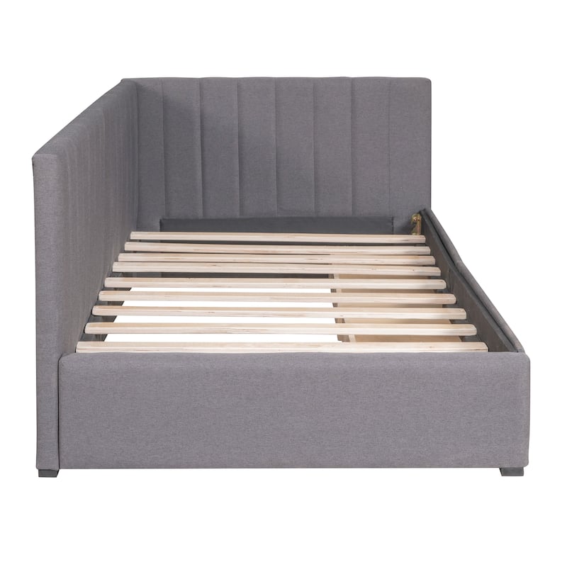 Semi-Closed Platform Bed Twin Size Upholstered Daybed with Storage Drawers, Linen Fabric Sofa Bed Frame with Wood Slat Support