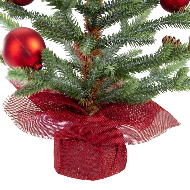 18" Potted Pine Red Ornaments Medium Artificial Christmas Tree – Unlit - 1.5 Foot