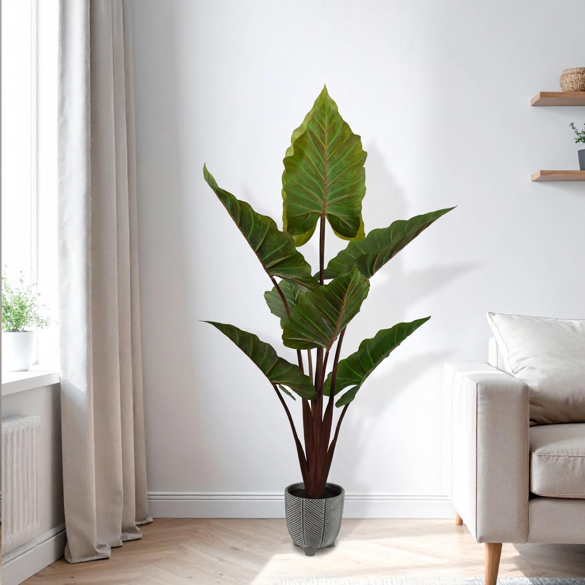 American Art Decor Artificial Rainbow Taro Tree in Cement Pot Faux Plant for Home or Office - 60"