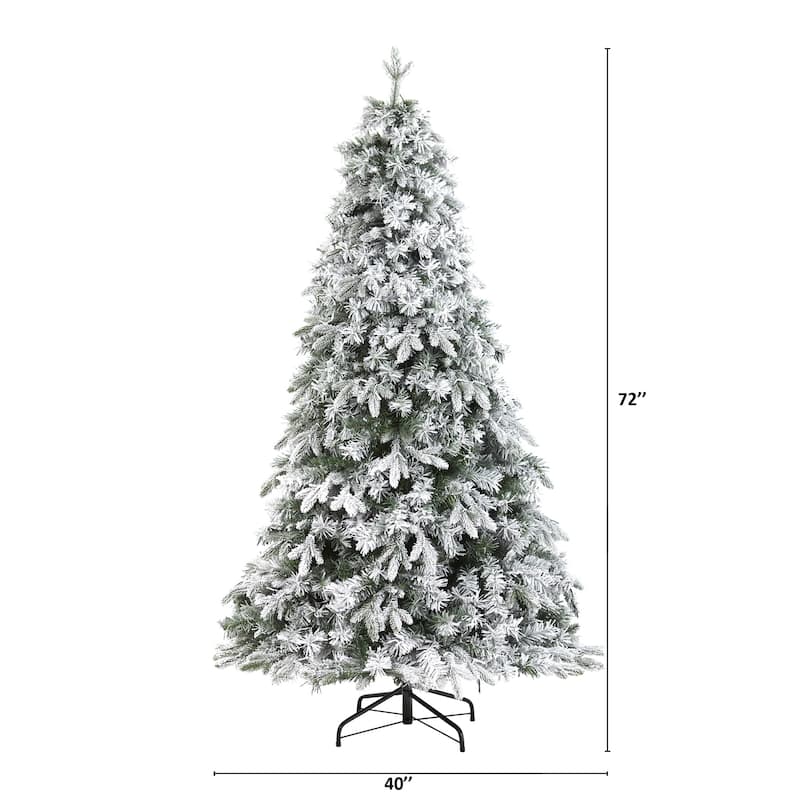 6ft Flocked Christmas Tree with Lights, Artificial Pine Tree, Holiday Decor, Realistic Holiday Tree - Green - 72