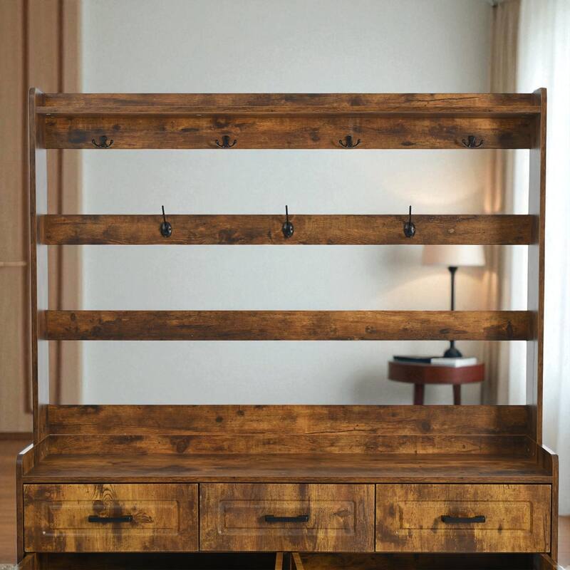 51.2" Hallway Shoe Cabinet with Coat Rack, 4 Doors, 3 Drawers, 8 Shelves & Metal Hooks