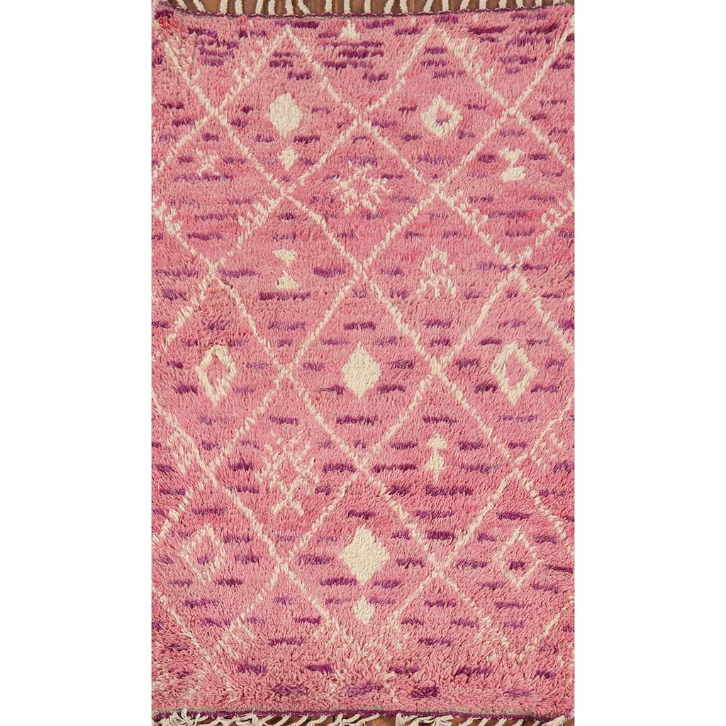 Pink Trellis Moroccan Oriental Accent Rug Hand-Knotted Wool Carpet - 3'1" x 5'4"