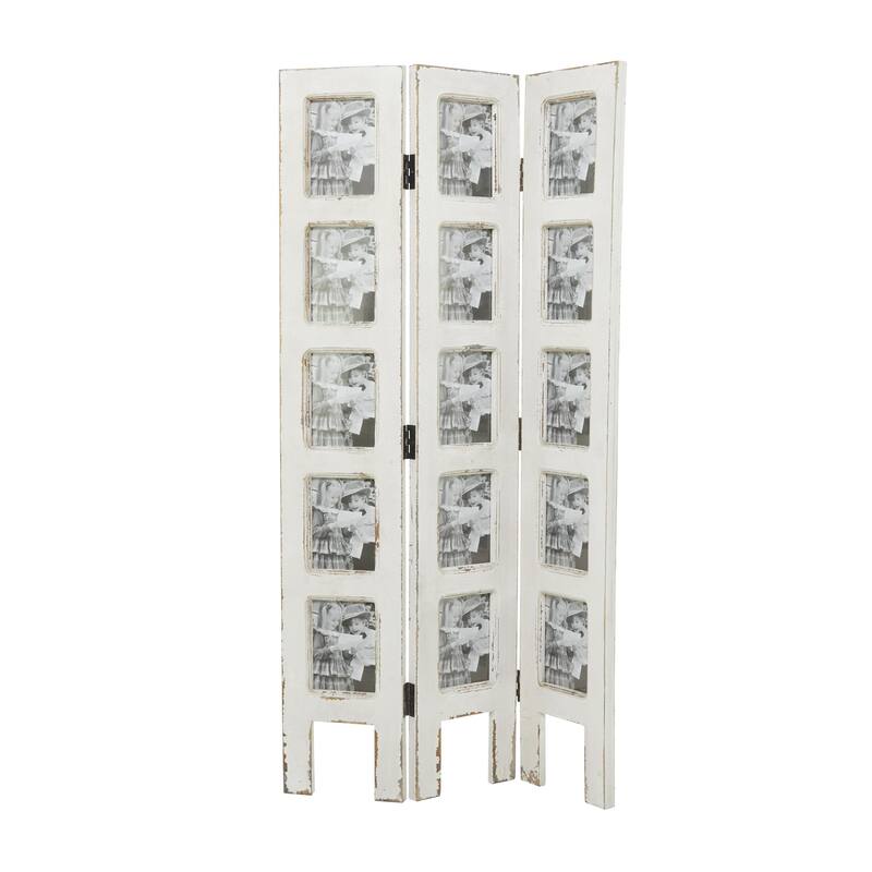 Wooden Hinged Foldable Partition 3 Panel Room Divider Screen with 15 Photo Slots - White - Roche River Decor