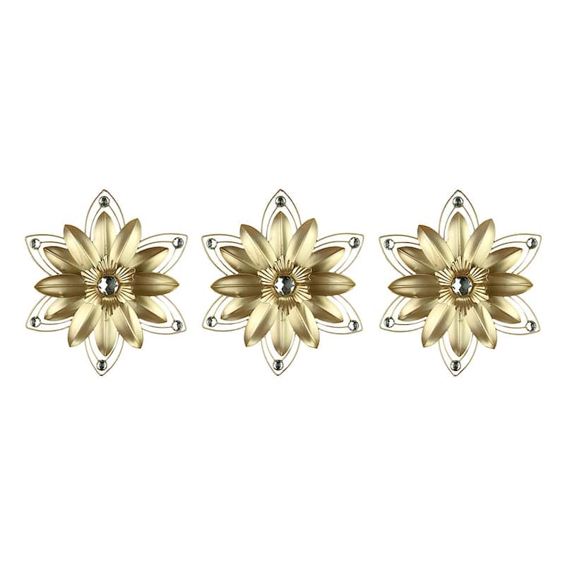 Jeweled 3D Metal Art Flower Wall Sculpture Set Of 3