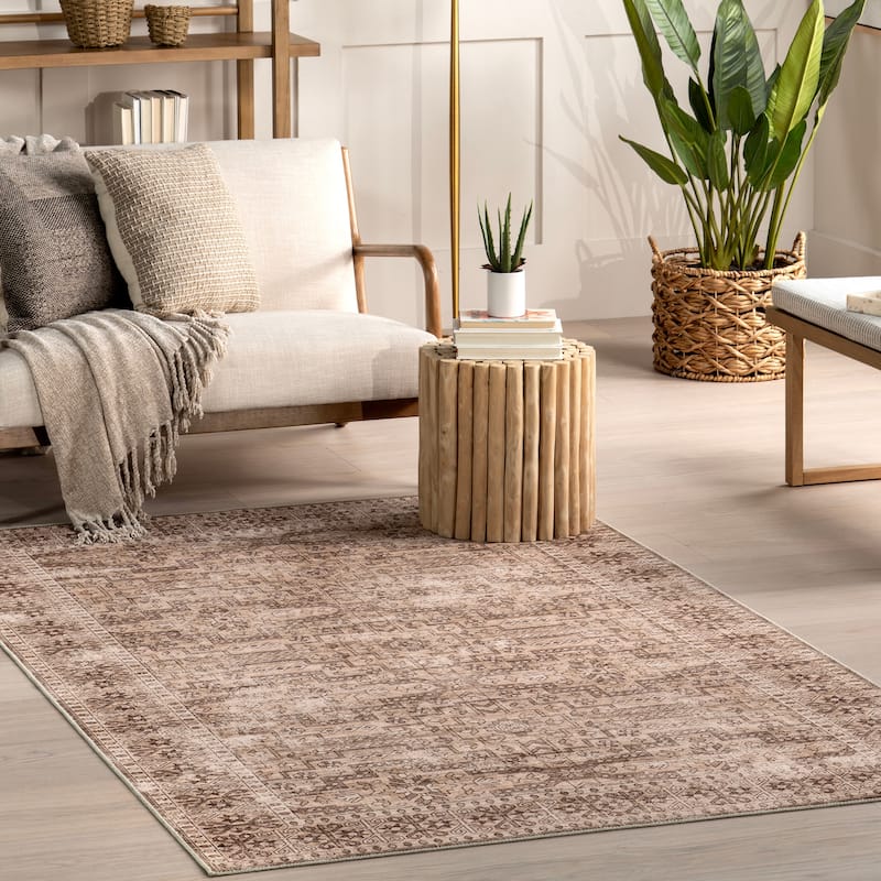 Nuloom Jett Floral Border SplashGuard Machine Washable Area Rug - 9' x 12' - Beige - Rectangle