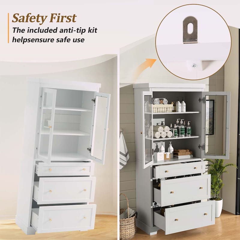 Modern High Freestanding Tall Bathroom Cabinet with 2 Adjustable Shelves,3 Drawers