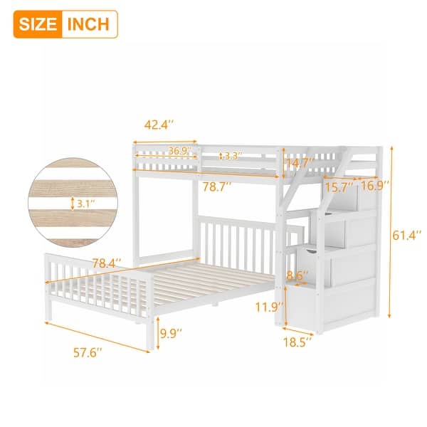 Twin Over Full Bunk Bed with Storage Stairs, Wooden Stairway Bunk Bed L-shaped Bunkbeds Frame, Twin Loft Bed w/Full Platform Bed