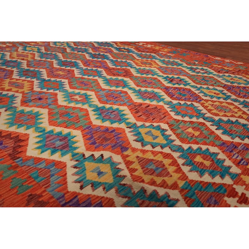 Geometric Kilim Oriental Area Rug Flatweave Reversible Wool Carpet - 8'4" x 9'10"