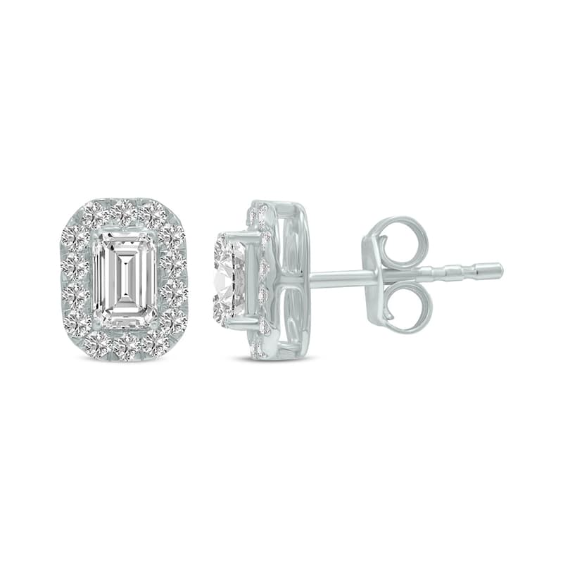Marquee 1/2 Carat TW Emerald Cut Lab Grown Diamond Halo Earrings in 14K White Gold