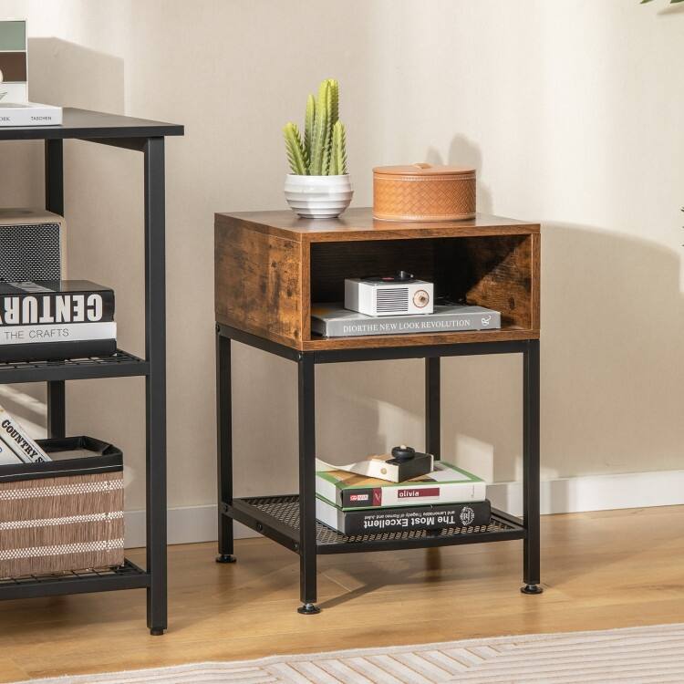 Metal Frame End Table with Storage Shelf for Bedroom and Office Use - 16" x 16" x 22.5" - Rustic-Brown