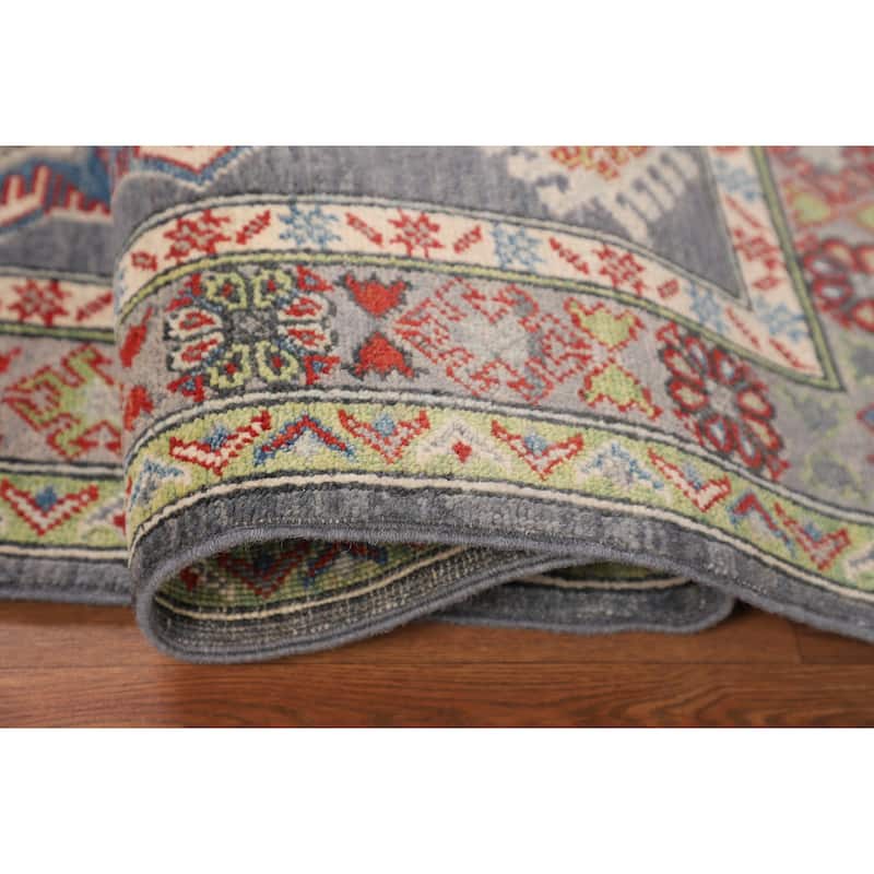 Geometric Kazak Rug Hand-Knotted Grey Oriental Wool Carpet - 4'0" x 6'0"
