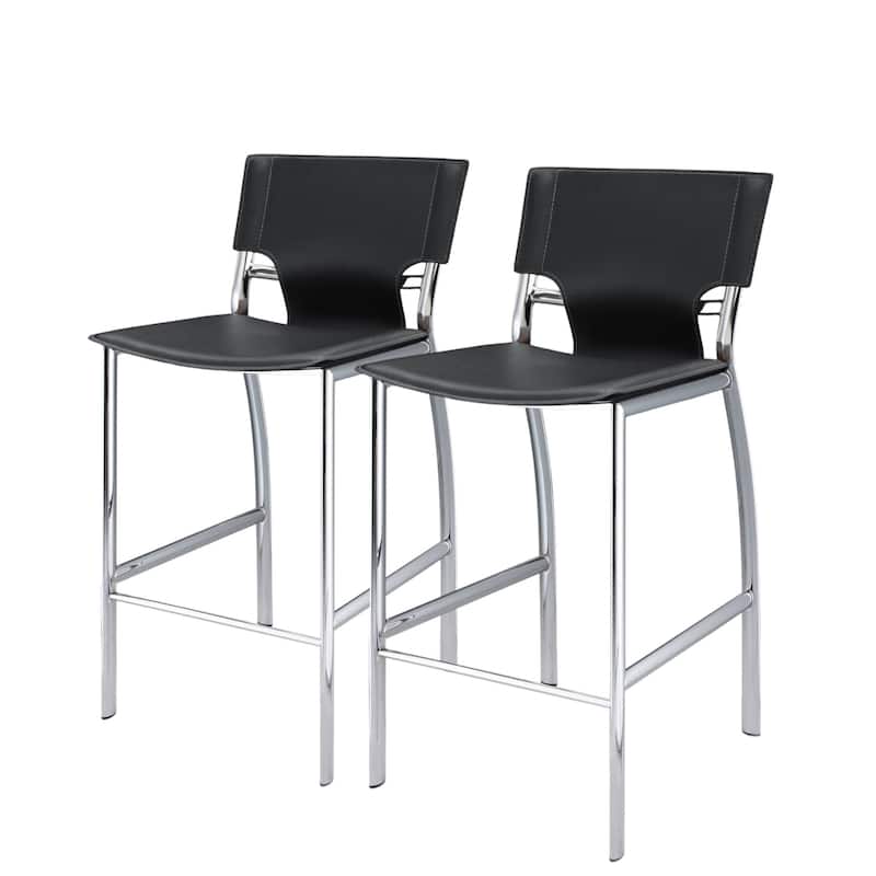 HomeRoots Set of Two 25" Black and Silver Faux Leather and Metal Low Back Counter Height Bar Chairs