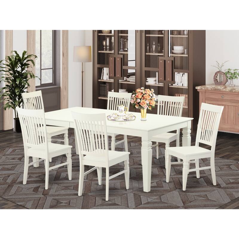 Dining Room Table Set 7 Piece - Rectangle Table with Leaf & 6 Chairs - Linen White Finish