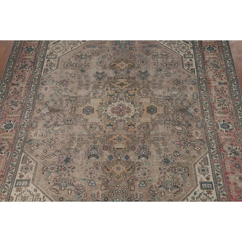 Brown Geometric Tabriz Persian Area Rug Hand-Knotted Wool Carpet - 8'2"x 11'1"