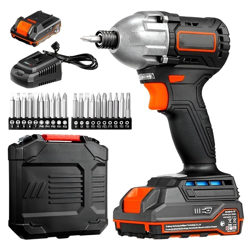 Black Brushless Cordless Impact Driver 20V with Dual Batteries, LED Light and 2-Speed - 11.2 x 5.1 x 12 in