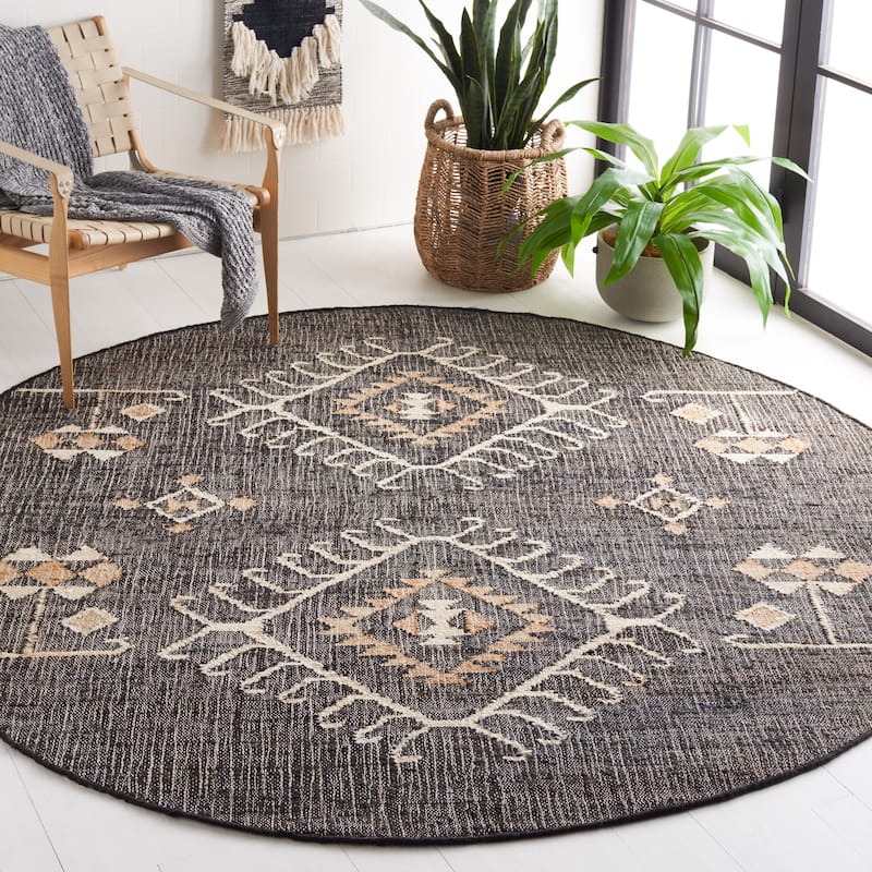 SAFAVIEH Flatweave Kilim Emiljana Jute Rug - 9' Round - Black/Ivory