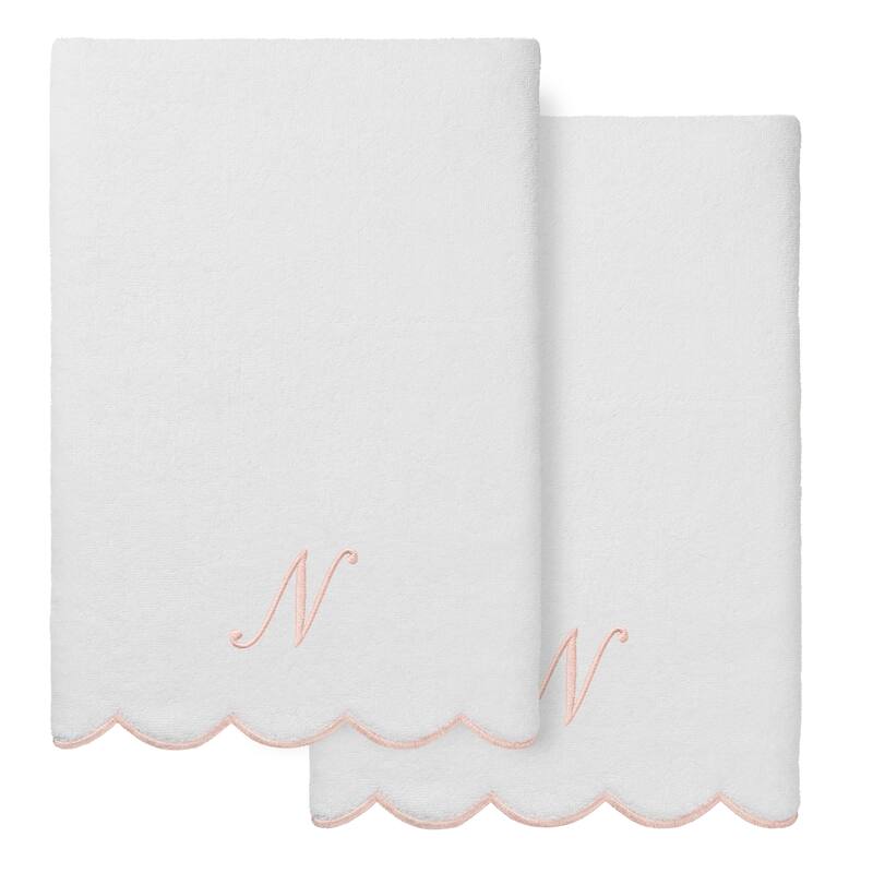 Authentic Hotel and Spa 100% Turkish Cotton Pink ADORNIA Scallop Personalized 2 Piece Bath Towel Set - 2 Bath Towels - N