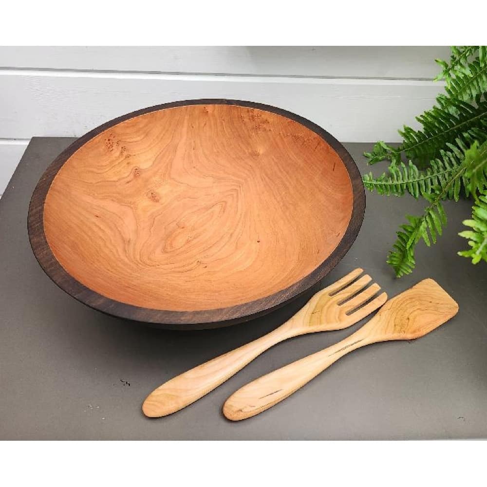 Handmade Ebonized Solid 12 inch Cherry Bowl with Servers - 12"x12"