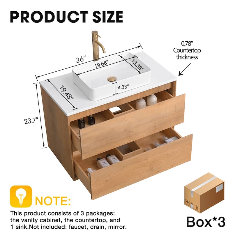 Sylphar 36 inch Toffee Oak Floating Bathroom Vanity with White Quartz Top