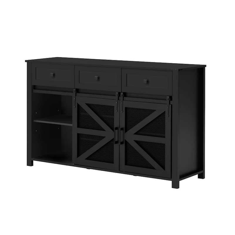 55" Sliding Barn Door Sideboard Cabinet with 3 Drawers and Adjustable Shelves