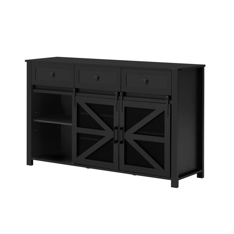 Sliding Barn Door Sideboard with 3 Drawers and Adjustable Shelves, Buffet Cabinet with Metal Mesh and Aluminum Handles