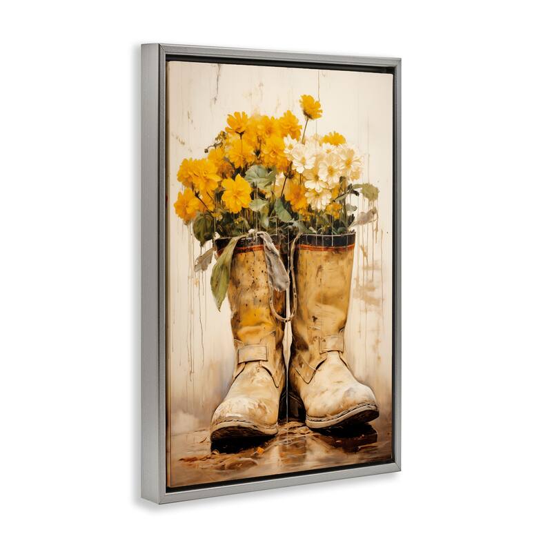 Stupell Flowers in Rugged Country Boots Framed Floater Canvas Wall Art Design By Heidi Kuntz
