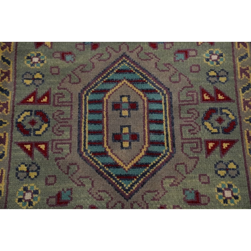 Hand-knotted Traditional Wool Green Geometric Area Rug Oriental Carpet - 8' 0'' X 2' 7''