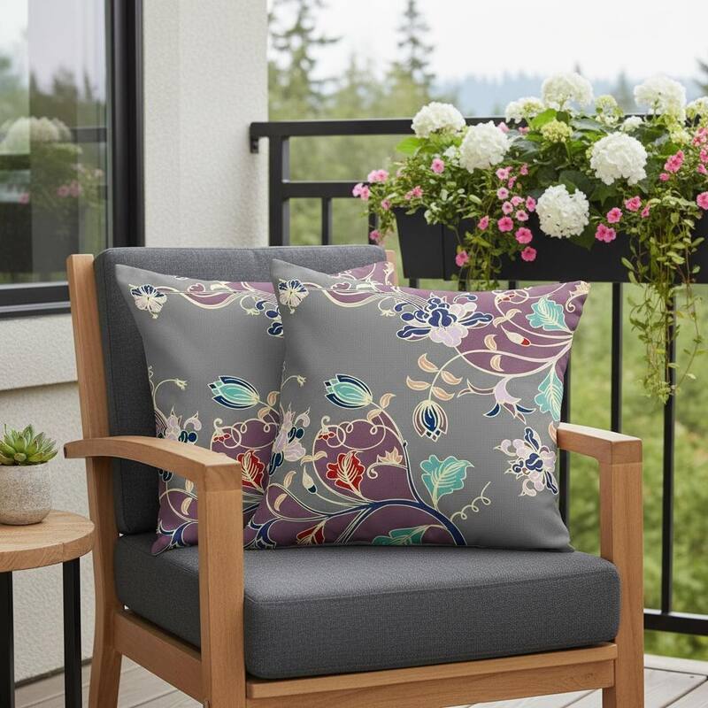 HomeRoots Set of Two 16" X 16" Gray and Purple Blown Seam Floral Indoor Outdoor Throw Pillow - 16.00' X '16.00' X '5.00 - Purple/Gray - 16.00' X '16.00' X '5.00