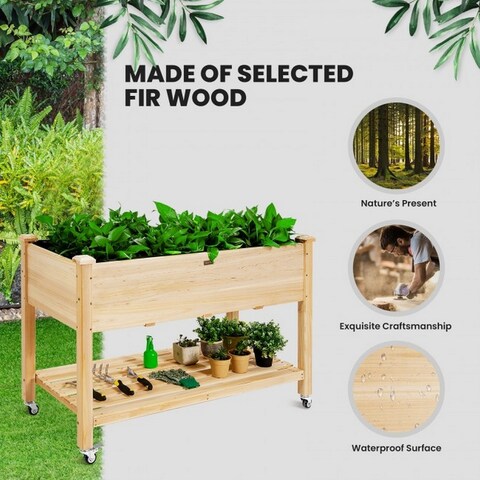 48 in x 32 in x 23 in Wooden Elevated Planter with Shelf and Wheel - 48x32x23