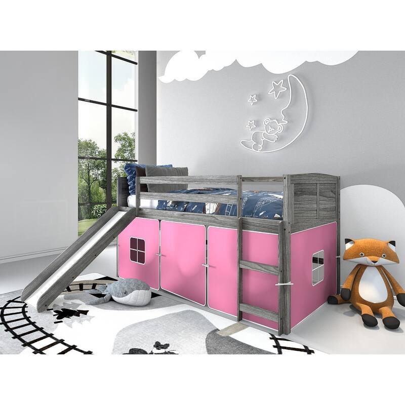 Twin Louver Low Loft with Slide in Antique Grey - Twin Loft - Pink Tent