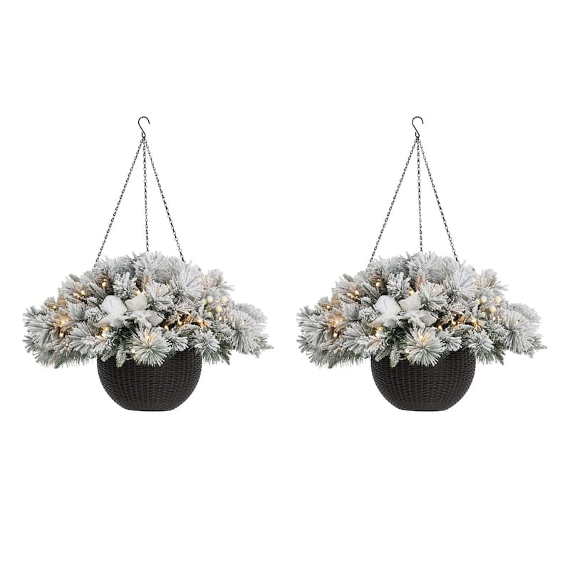 Glitzhome 2PK Pre-Lit Flocked Christmas Artificial Floral Hanging Baskets with Timer - White