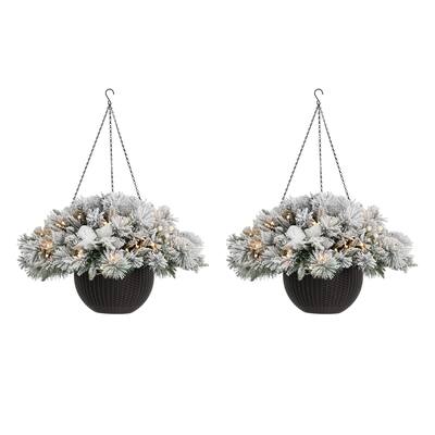 Glitzhome 2PK Pre-Lit Flocked Christmas Artificial Floral Hanging Baskets with Timer