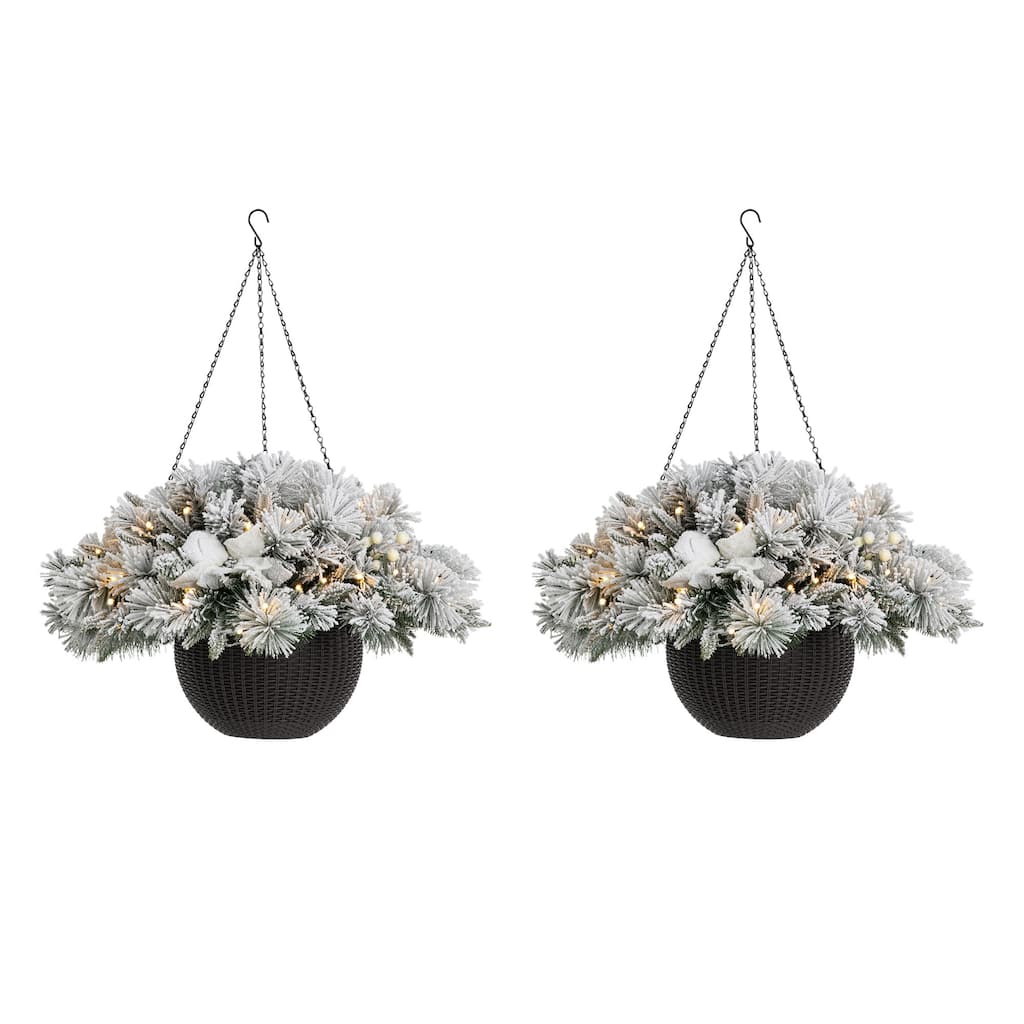 Glitzhome 2PK Pre-Lit Flocked Christmas Artificial Floral Hanging Baskets with Timer