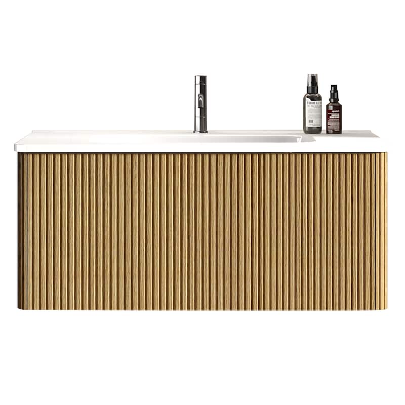 36"Striped Bathroom Vanity with White Ceramic Sink, Wall Mounted Floating Bathroom Vanity, One-Piece White Basin without Drain