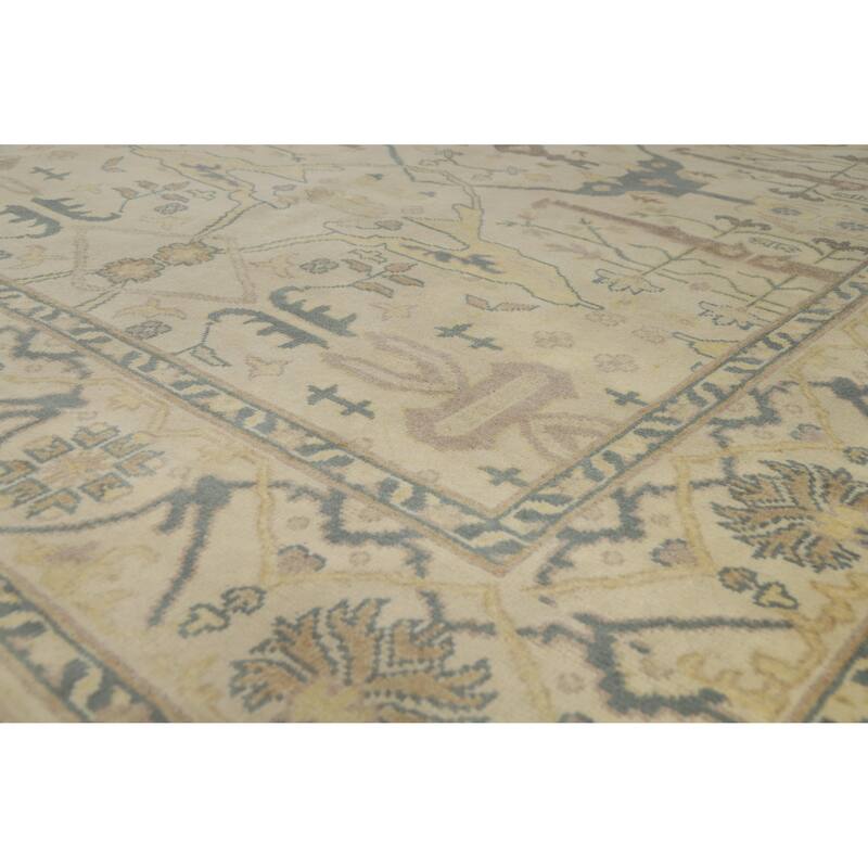 Earth Tone Oushak Style Area Rug Handmade Beige Floral Wool Carpet - 7'9" x 9'10" - Ivory/Beige - 7'9" x 9'10"