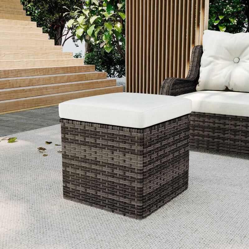 Outdoor Patio PE Wicker Ottoman with Cushion