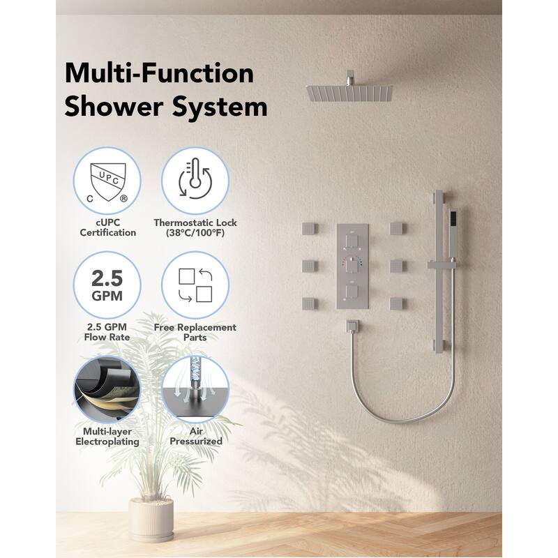 Thermostatic Shower System 12" High-Pressure Rainfall Shower Head with Slide Bar Hand Shower