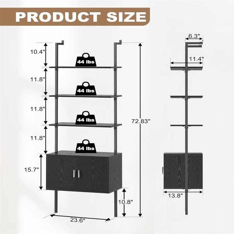 Ladder Bookshef with Cabinet Wall Mounted Bookcases - 13.8"D x 23.6"W x 72.8"H