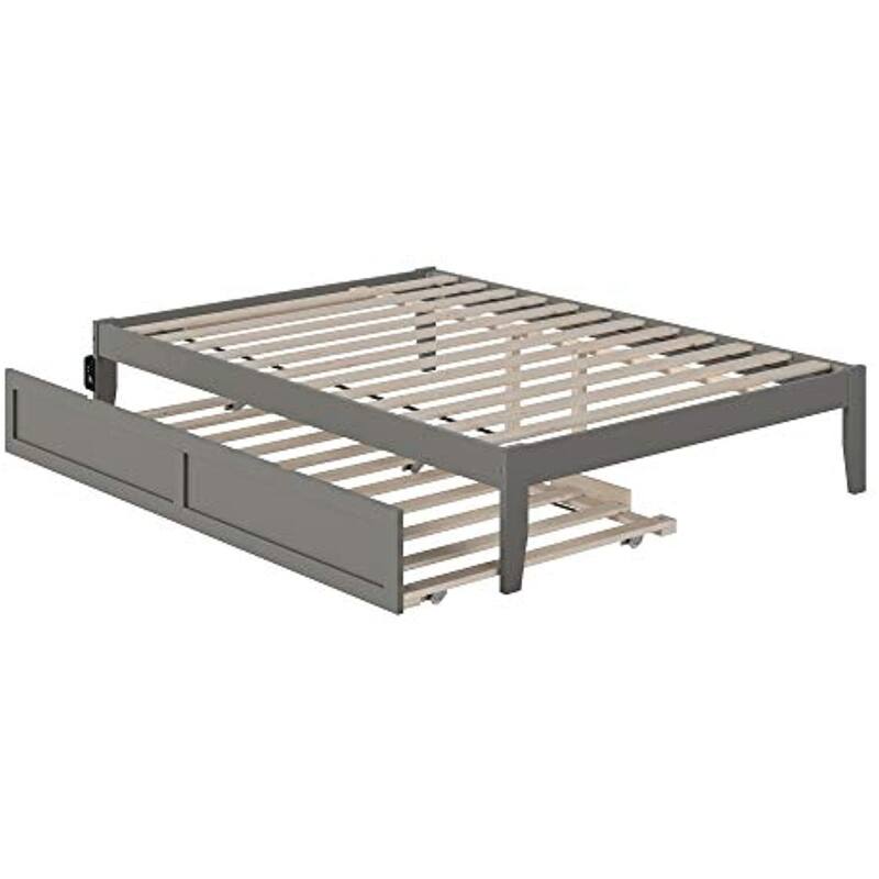 Full Bed with Trundle & USB Charger - Grey, Strong Slats, Space Saving Design, Classic Bedroom Furniture
