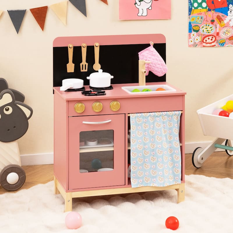 Pink Solid Wood Kids Kitchen Playset with Accessories and Storage - 21" × 11.5" × 29"
