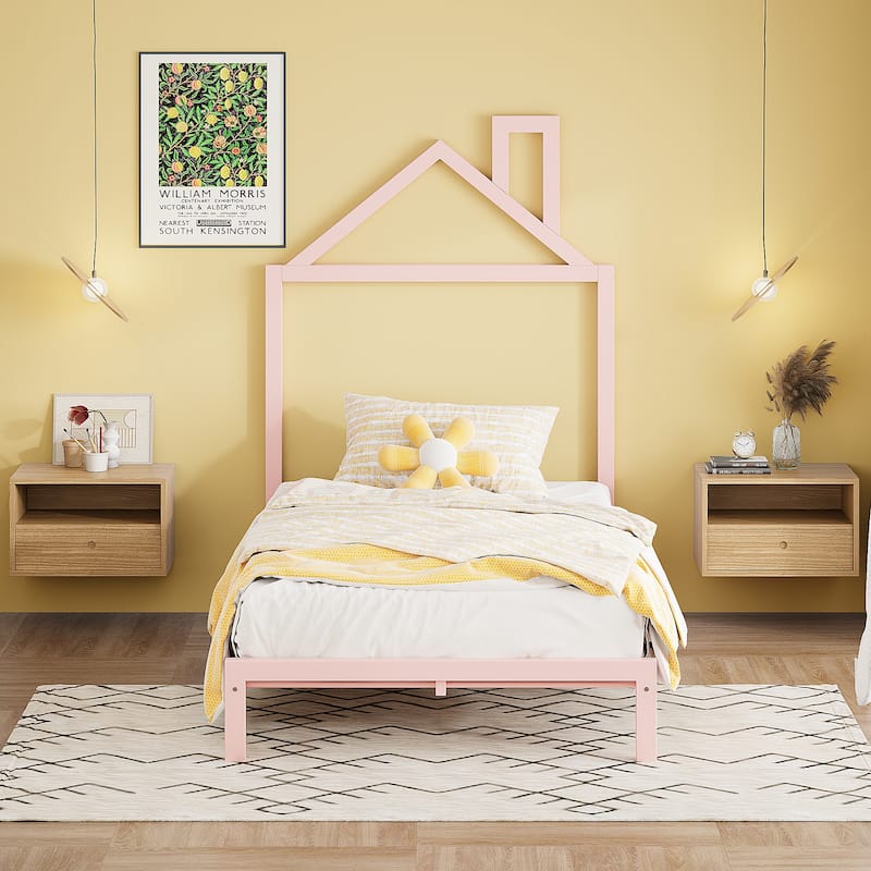 Roomfitters Twin Size Metal Platform Bed with House-Shaped Headboard Design